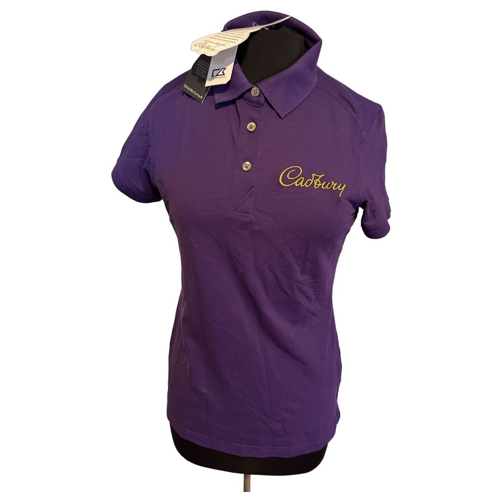 Cadbury Cutter & Buck Size M Polo Shirt NWT‎ Women's Slim Fit Purple Embroidered